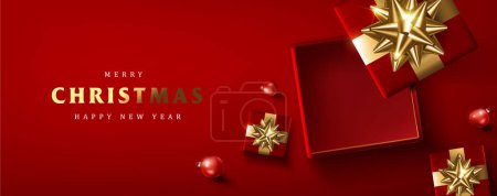 Ilustración de Feliz Navidad y feliz año nuevo banner de promoción con caja abierta decoración festiva para Navidad - Imagen libre de derechos