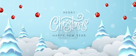 Illustration for Winter christmas banner composition in paper cut style. Merry Christmas text Calligraphic Lettering Vector illustration. - Royalty Free Image
