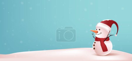 Téléchargez les illustrations : Joyeux Noël et bonne année carte de vœux avec copie-espace et bonhomme de neige mignon debout en hiver paysage de Noël neige tombant - en licence libre de droit