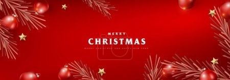 Illustration for Merry Christmas and Happy New Year red Background Christmas Tree Branches decoration. Merry Christmas vector text Calligraphic Lettering Vector illustration. - Royalty Free Image