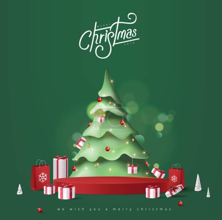 Téléchargez les photos : Joyeux Noël bannière produit affichage forme cylindrique avec espace de copie et boîte cadeau décorer arbre de Noël fond - en image libre de droit