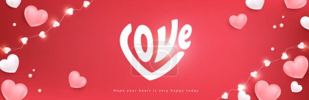 Illustration for Calligraphy in heart shape "love" ,Valentine's day, Mother's or Women's Day greeting card, banner or poster template. Holidays red background with festive red heart shaped decorations. - Royalty Free Image