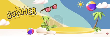 Téléchargez les illustrations : Bannière d'affiche de vente d'été avec affichage de produit jaune - en licence libre de droit