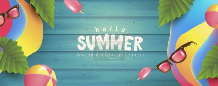 Téléchargez les illustrations : Fond de bannière d'été coloré avec accessoires de plage sur planche bleue - Bannière de vacances d'été - en licence libre de droit