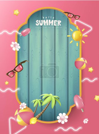 Illustration for Colorful Summer banner background with Beach Accessories On Blue Plank - Summer Holiday Banner - Royalty Free Image