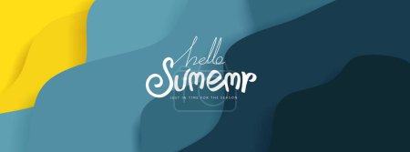 Illustration for Blue sea and beach summer banner background with abstract blue ripple and calligraphy summer - Royalty Free Image