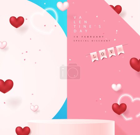 Illustration for Happy Valentine's day banner background with product display and festive decoration - Royalty Free Image