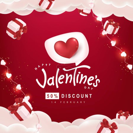 Téléchargez les illustrations : Happy Valentine's day sale poster bannière fond modèle avec boîte cadeau sur fond rouge - en licence libre de droit