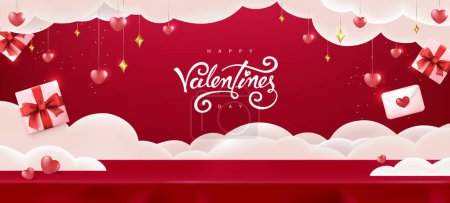 Ilustración de Fondo de la bandera del día de San Valentín feliz con caja de regalo y corazón en el escenario - Imagen libre de derechos