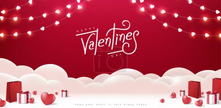 Téléchargez les illustrations : Happy Valentine's day fond de bannière avec boîte cadeau et coeur décorer sur scène et calligraphie de valentines - en licence libre de droit