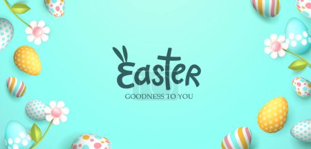 Téléchargez les illustrations : Bannière de Pâques avec cadre d'œufs de Pâques et fleurs de printemps sur pastel - en licence libre de droit