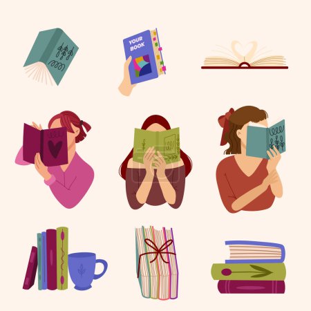 Lesen Sie das Buchvektorkonzept. Illustrationen mit geöffnetem Lehrbuch, lesenden Frauen und Bücherstapel
