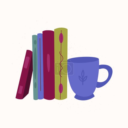 Téléchargez les photos : Livres et tasse de thé isolé vecteur illustration. Concept de bibliothèque confortable dessiné à la main sur blanc - en image libre de droit