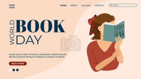 Téléchargez les photos : Modèle de page d'accueil de la journée mondiale du livre. Femme a lu un livre vectoriel illustration - en image libre de droit