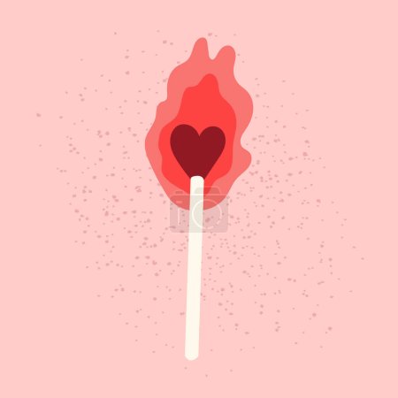 Match brûlant dessiné à la main avec la tête en forme de coeur. Flamme vectorielle isolée sur fond rose