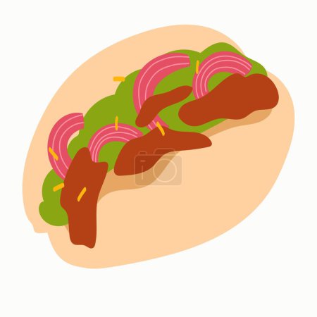 Téléchargez les illustrations : Pain bao alimentaire asiatique avec des légumes et de la viande. Illustration vectorielle dessinée à la main. - en licence libre de droit