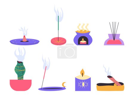 Illustration for Incense and aromatherapy set.Essential oil, candles, burning incense sticks, palo santo, sage. Vector hand drawn cartoon illustration. - Royalty Free Image