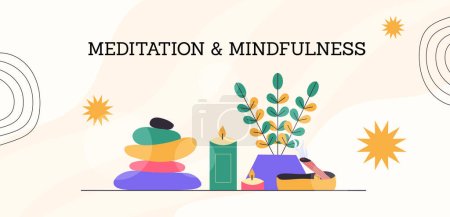 Illustration for Meditation and mindfulness banner with a candle and a insence.Vector hand drawn cartoon illustration. - Royalty Free Image