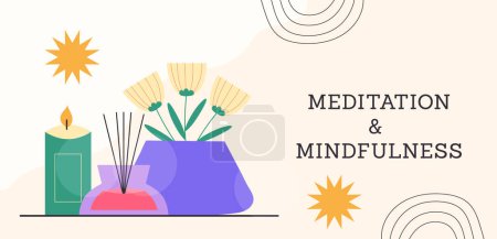 Meditation and mindfulness banner with a candle and a insence.Vector hand drawn cartoon illustration.