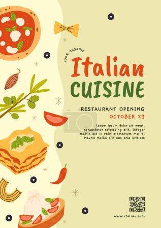 Diseño de póster o plantilla de folleto de restaurante italiano con pizza italiana, lasaña, bruschetta burrata, aceite de oliva, pasta. Vector ilustración dibujada a mano.