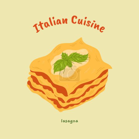 Vector illustration of Italian Lasagna. Italian cuisine concept card. 