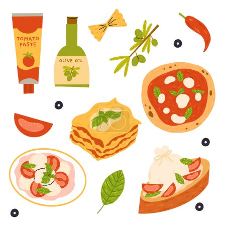 Italienische Küche Elementdesign mit italienischer Pizza, Lasagne, Burrata Bruschetta, Olivenöl, Pasta, Pasta, Caprese. Vektor handgezeichnete Illustration.