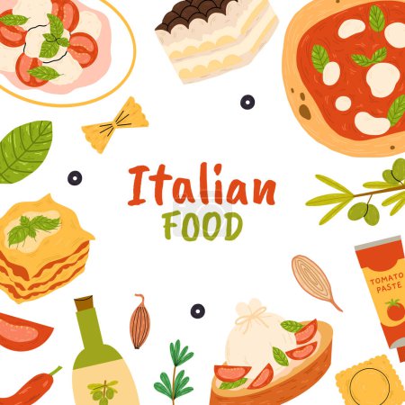 Italian restaurant background,banner template design with italian pizza, lasagna,burrata bruschetta,olive oil,pasta,ravioli,tiramisu. Vector hand drawn illustration.