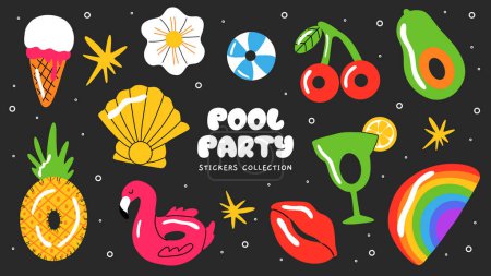 Illustration for Summer doodle elements design. Summer floaters and beachball swimming pool and beach floating inflatable toy. Pool party concepr. Vector hand drawn cartoon illustration. - Royalty Free Image