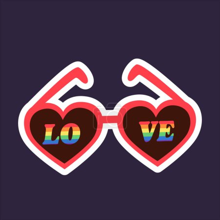Heart-shaped sunglasses sticker with rainbow LOVE lettering.Vector hand drawn cartoon illustration.