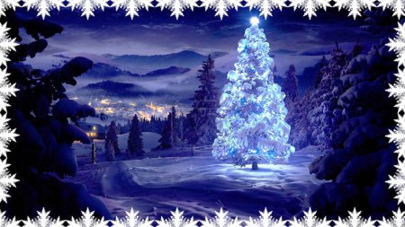 Foto de Hermoso árbol de Navidad en el parque. Noche de Navidad en el pueblo. Ilustración. - Imagen libre de derechos