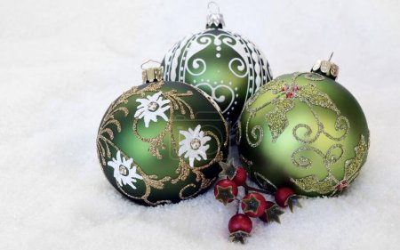 Three Christmas balls decoration. Winter holiday concept.