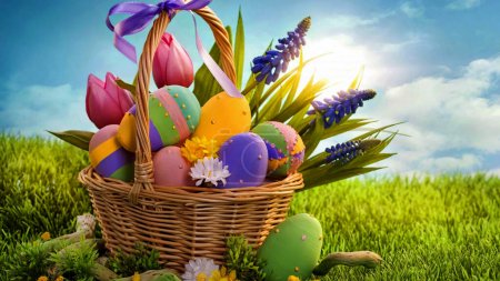 Foto de Huevos de Pascua pintados de colores en una mesa de madera
. - Imagen libre de derechos
