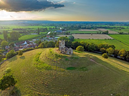 Drone view of Burrow Mump which is situated on the Somerset levels.