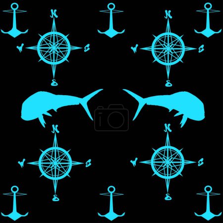 Illustration for Marine pattern with compass, anchors and deep water Mahi Mahi fish silhouettes. Black background - Royalty Free Image