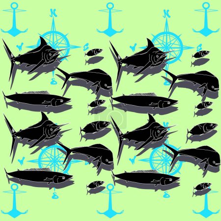 Illustration for Marine pattern with compass, anchors and deep water game fish silhouettes. Lime Green background - Royalty Free Image