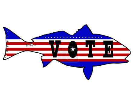 Illustration for Redfish or Red Drum Fish with American flag look and black bold vote letters - Royalty Free Image