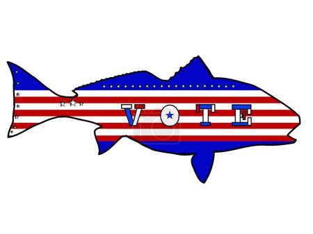 Ilustración de Redfish o Red Drum Fish con aspecto de bandera americana y letras de voto en negrita rojas, blancas y azules - Imagen libre de derechos