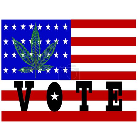 Illustration for American flag with a marijuana leaf and bold vote letters - Royalty Free Image
