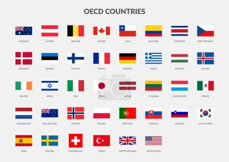 Illustration for OECD - Organisation for Economic Co-operation and Development Countries flag Rectangle icon collection. - Royalty Free Image