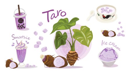 Delicias de Taro: Bubble Tea, Smoothie y Ice Cream Vector Illustration Set archivo EPS plano aislado para el diseño
