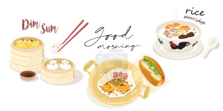 Téléchargez les illustrations : Délices traditionnels du petit déjeuner chinois - Dim Sum and Rice Porridge - en licence libre de droit