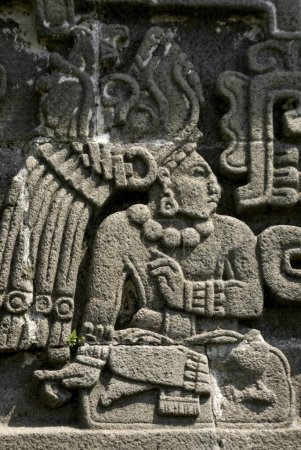 Photo for Bas-reliefs on the pyramide of the feathered snake (Quetzalcoatl pyramide). Xochicalco site. Morelos State.Mexico. - Royalty Free Image