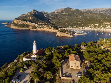 Photo for Cap Gros lighthose and Muleta shelter, Soller port, Mallorca, Balearic Islands, Spain - Royalty Free Image