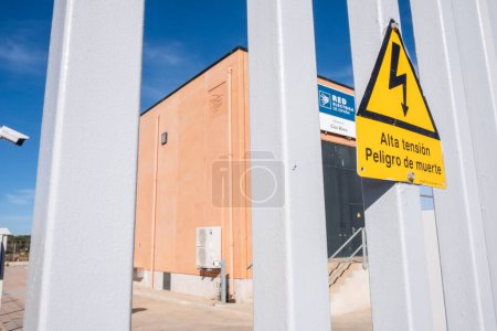 Photo for Warning of high voltage with danger of death, Cala Blava substation, electrical network of Spain, Llucmajor, Mallorca, Balearic Islands, Spain - Royalty Free Image
