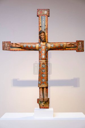 Photo for Anonymous Catalan, Majesty of Christ on the cross, Carved and polychrome wood, Late 12th century, Museo de Bellas Artes, Bilbao, Spain - Royalty Free Image
