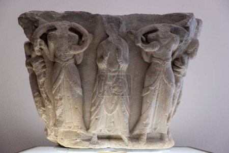 Photo for Capital, used as a ceremonial mortar, carved stone, 12th century, from the cathedral of San Pedro de Jaca, Diocesan Museum of Jaca, Huesca, Spain - Royalty Free Image