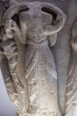 Photo for Capital, used as a ceremonial mortar, carved stone, 12th century, from the cathedral of San Pedro de Jaca, Diocesan Museum of Jaca, Huesca, Spain - Royalty Free Image