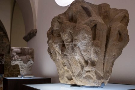 Photo for Capital, carved stone, 12th century, from the cathedral of San Pedro de Jaca, Diocesan Museum of Jaca, Huesca, Spain - Royalty Free Image