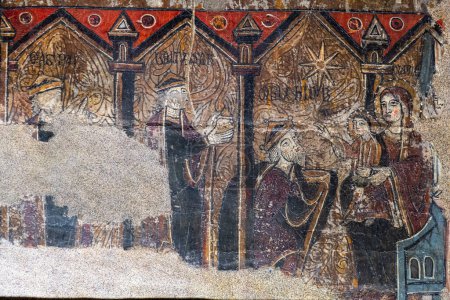 Photo for Adoration of the three wise men, altar frontal of Santa Maria de Iguacel, XIII century, tempera painting on pine wood, Diocesan Museum of Jaca, Huesca, Spain - Royalty Free Image