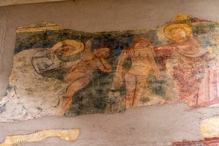 Photo for God bless Eve, mural paintings of Ruesta, 12th century, fresco torn and transferred to canvas, come from the church of San juan bautista in Ruesta, Diocesan Museum of Jaca, Huesca, Spain - Royalty Free Image